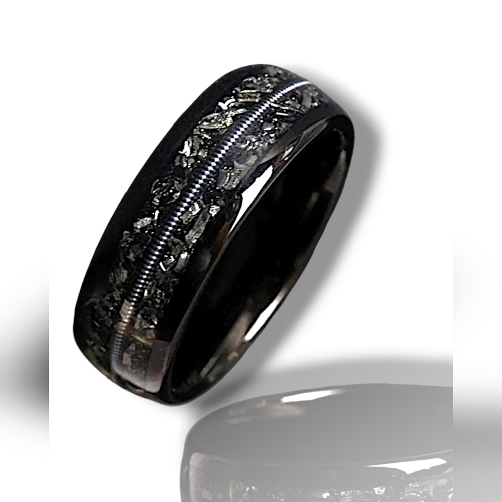 Black Guitar String & Simulated Meteroite Men's Ring Band 11 & 13